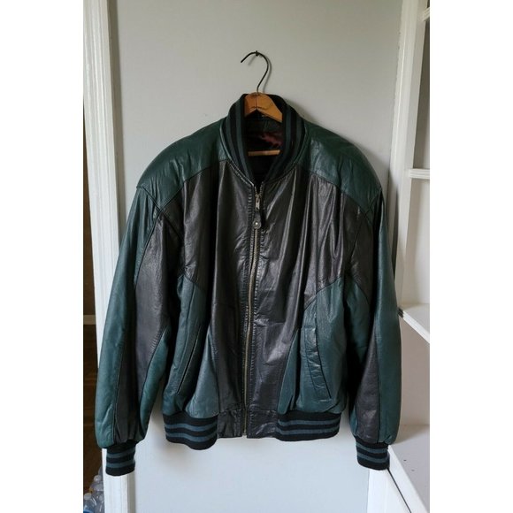 Vintage Toma Mens Leather Jacket Green Black Bomber Medium - Picture 2 of 11